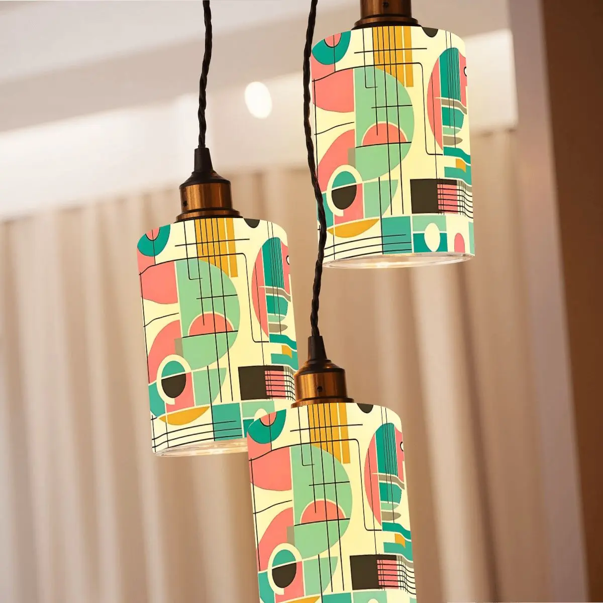 Mid Modern Bahaus Designed Geometric Cylindrical Glass Lampshades