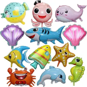 12-Piece Sea Animal Balloons Set Octopus Shark Fish Dolphin Hippocampus Crab Scallops Foil Balloons for Boys Girls Ocean Theme Party Decoration Brightly Matched Aluminum Film Reusable