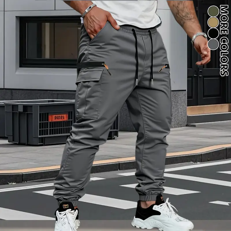 Men's Tapered Cuff Cargo Pants, Fake pocket with decorative zipper, Fashion Retro Trendy Casual Trousers for Spring & Fall, Adjustable Drawstring Waist, Ideal for Daily Casual & Outdoor Activities
