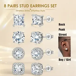 Unisex cubic zirconia stud earrings, 14K silver plating with a low-allergen design; elegant birthday gift and party fashion jewelry; set of 8 large diamond stone studs, suitable for graduation dances.