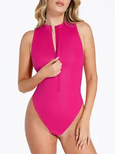 Popilush Shapewear Faux Leather Mock Neck Zip Front Sculpting Bodysuit Fit Chic-LIVE