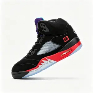 Men Women Retro 5 High Top Basketball Shoes, Black Red Purple Color Block 23 Print Sneakers, Breathable Mesh Upper with Visible Air Cushion, Non-Slip Ice Sole Athletic Footwear for Streetwear Hip Hop Daily Wear