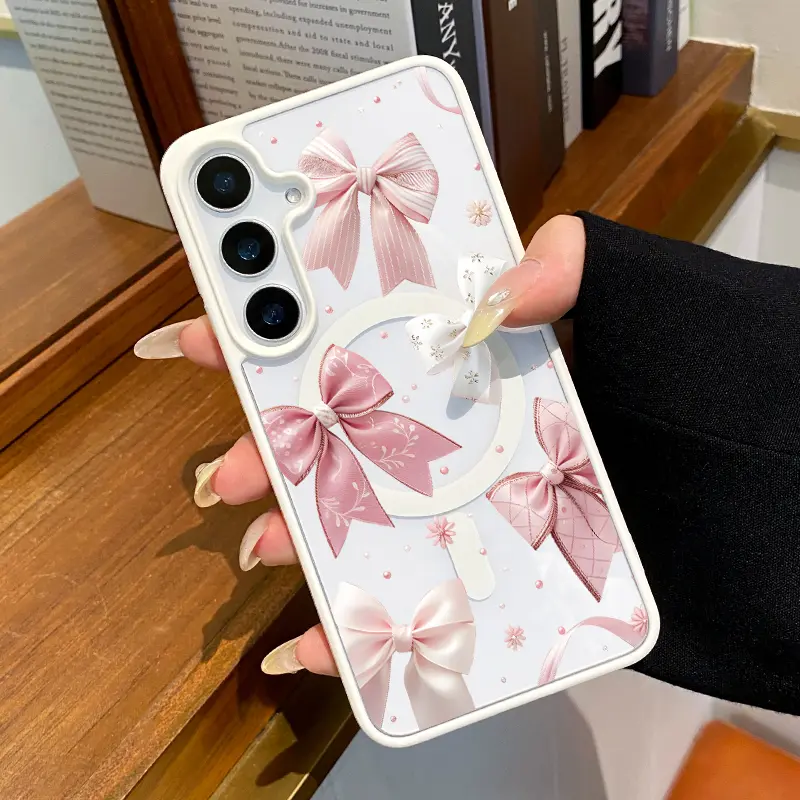 Magnetic Soft Silicone Smartphone Case & Cover for Samsung Galaxy S22+ S23 Ultra S24 Plus S25 S26 (Galaxy Models), Bow Delight Dream Pattern TPU Casing with Raised Lip, Antifall Shockproof Non-Slip Scratch-Resistant Durable Mobile Accessory