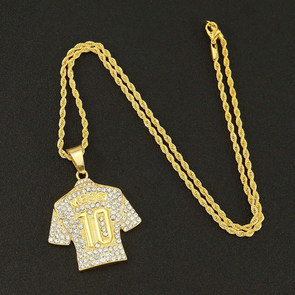 Messi #10 Jersey Iced-Out Pendant Necklace – Rhinestone Soccer Shirt Chain, Football Legend Fan Jewelry, Gold & Silver Hip Hop Necklace