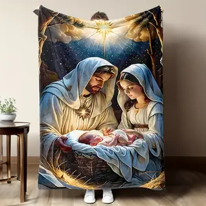 Starry Night Christmas Flannel Throw Blanket with Jesus in Manger - Soft & Warm 100% Polyester 280GSM Cozy Blanket for Couch Bed Office All-Season Gift