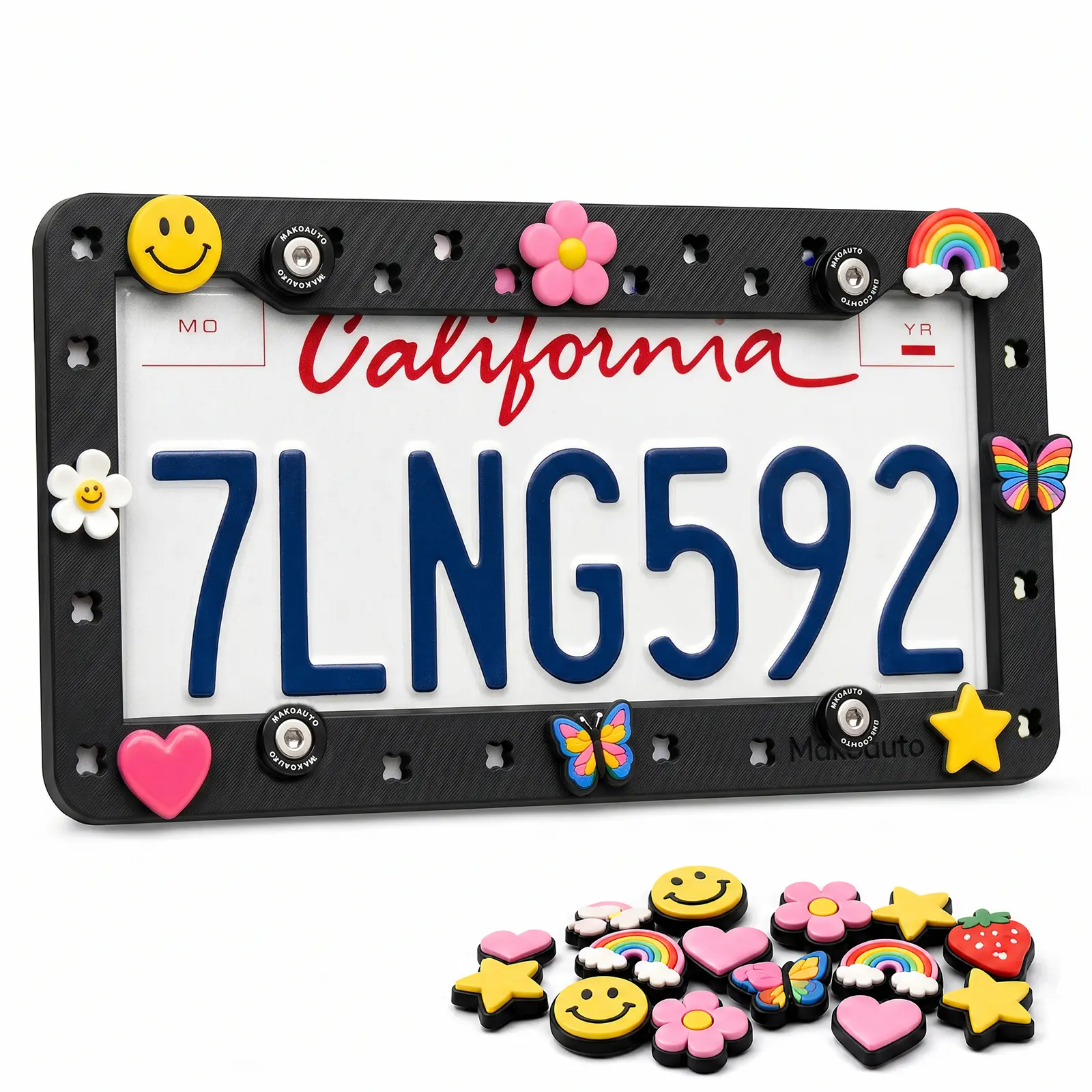 Makoauto DIY License Plate Frame - Works with Shoe Charms, Cute Personalized Car Accessories for Women, Rattle-Proof TPU, Black Pink Red Clear
