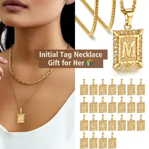 FindChic Initial Tag Necklace A-Z 26 Letters Name Pendant Necklace Double Chain Set Stainless Steel Chain Stack Vintage Chain Unisex for Women Men