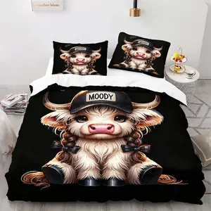 Cute Cow Theme Decorative Bedding Set, Includes 1 Duvet Cover and 1/2 Coreless Pillowcases, Dark Fashion Style, Trendy Home Decor