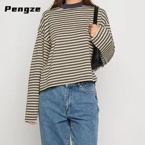 Women’s long-sleeve crewneck loose striped T-shirt, casual streetwear for fall