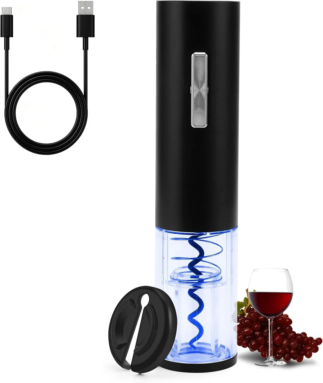 COKUNST USB Rechargeable Electric Wine Bottle Opener with Foil Cutter | Type-C Rechargerable One-click Button Corkscrew Remover with Blue Led Indicator Light for Home Kitchen Party Wedding Black Gift