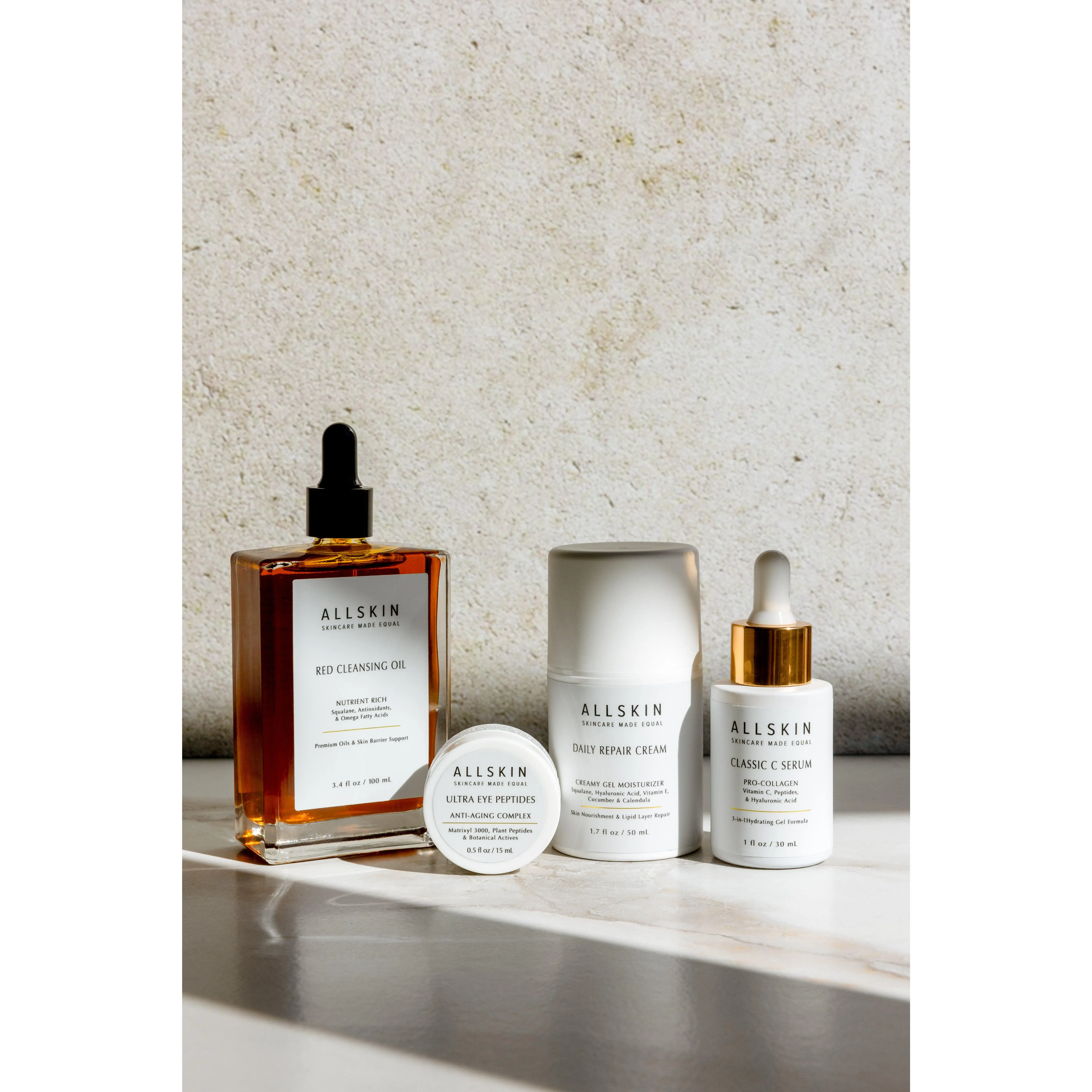 All in One Bundle Clean Skincare Red Cleansing Oil, Daily Repair Cream, Ultra Peptide Eyes, Classic C Serum Cleanser