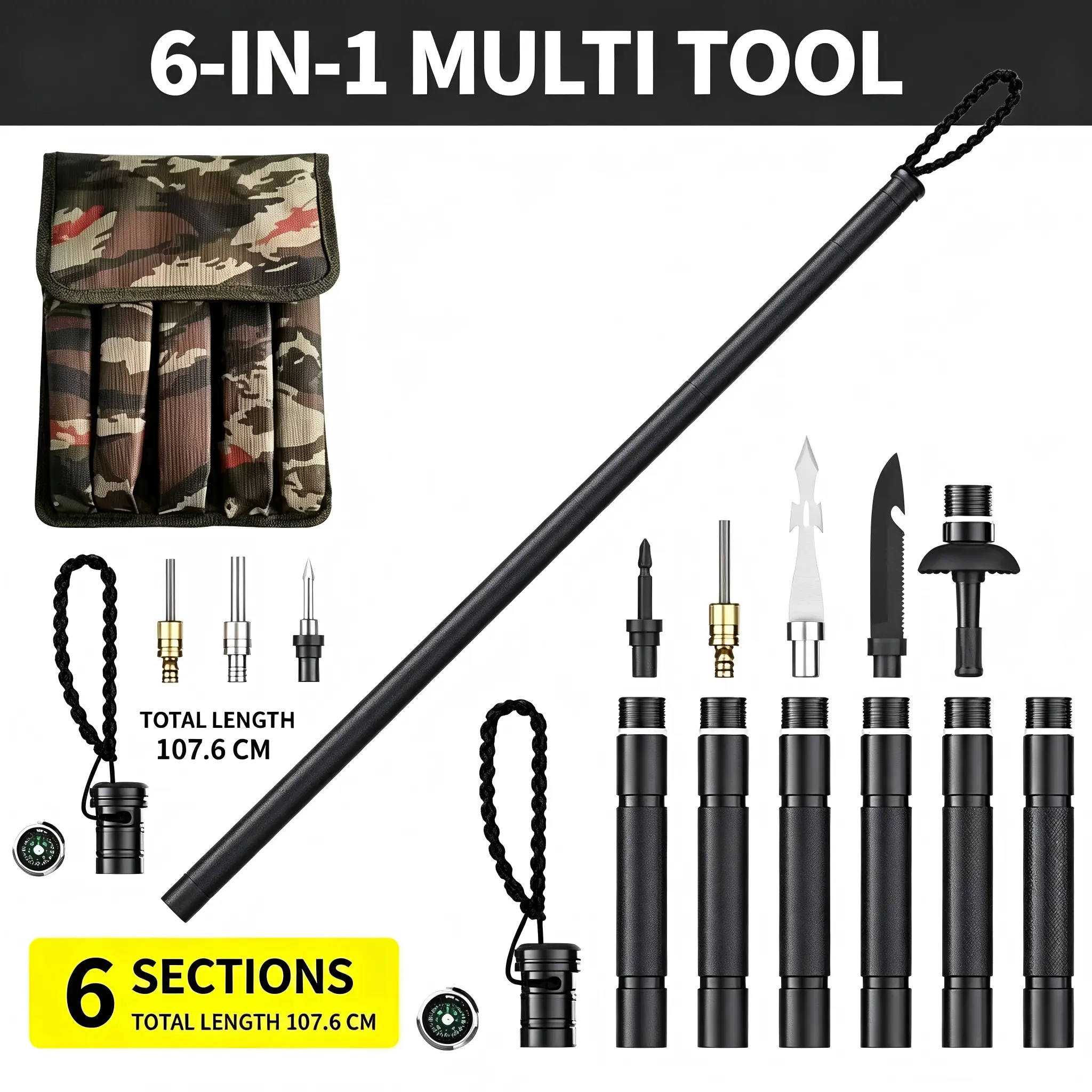 Outdoor Survival Tactical Trekking Pole - 6-Section Assembled Walking Stick, Multi-Tool Kit with Compass, Fire Starter, Heavy-Duty Anti-Slip Hiking Staff for Camping, Backpacking