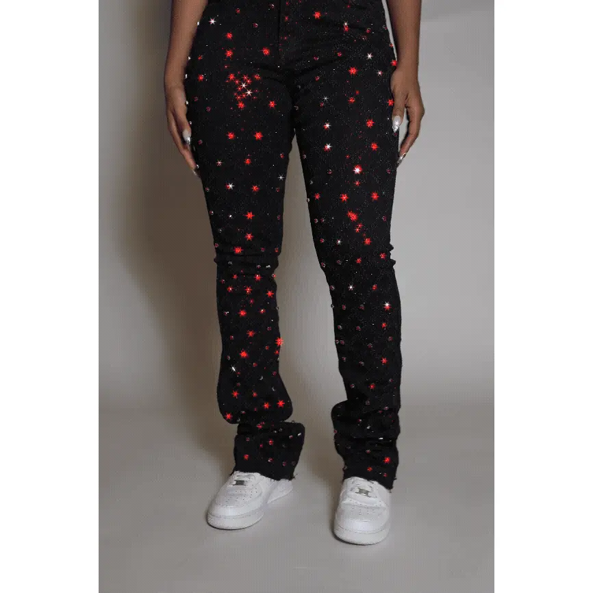 Sareka Black/Red Rhinestone Stacked Flare Jean