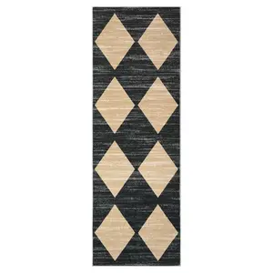 2 x 6 ft Polyester Black/Taupe Rectangular Laundry Bathroom Kitchen Modern Geometric Diamond Print Machine Washable Runner Rug-B