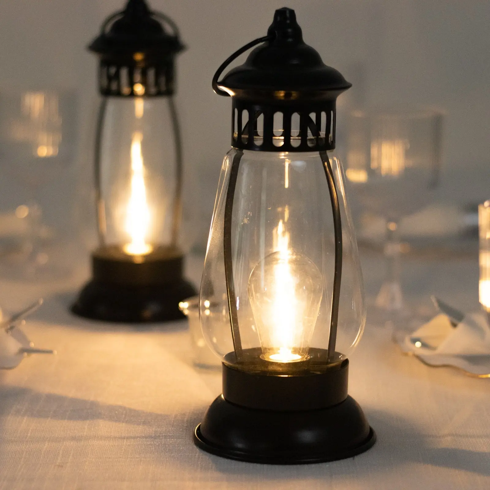 4 Pack Black Vintage Battery-Operated Metal LED Lanterns, Hanging Hurricane Camping Lamps for Outdoor and Indoor Use - 10"