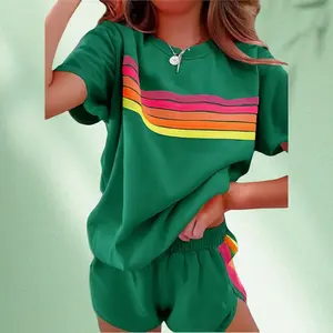 Rainbow Vibrant Color-Block Matching Sets | Women's Shorts & Tee Lounge Outfit - Comfy Streetwear PJs Two-Piece for Summer | Striped Color-Block Lounge PJs Set |