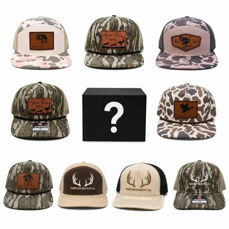 [Buy 1 get 1 FREE ] Three Rivers Hat Collection One Hat Sent, Leather Patch/ Embroidered Hunting/ Fishing Theme Snapback Gift for Hunters, Camo 7 Panel Snapback Gift
