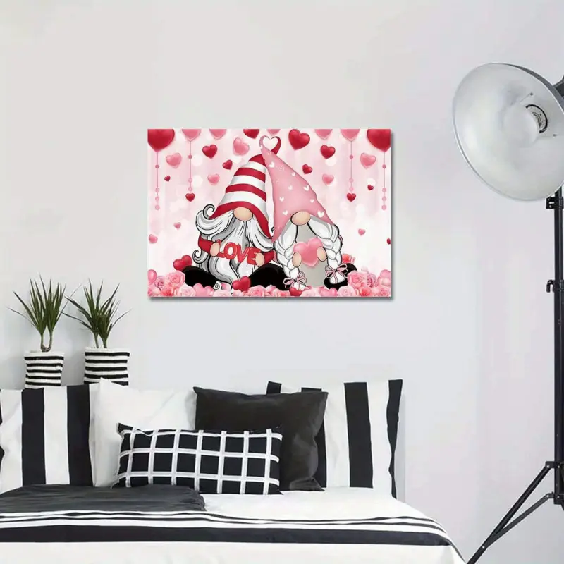1 Piece Whimsical Valentine's Day Gnome Canvas Print - Romantic Pink and Red Love Theme Wall Art, Pine Wood Frame, Suitable for Bedroom and Living Room Decoration, Ideal Gift for Her, Gnome Decoration
