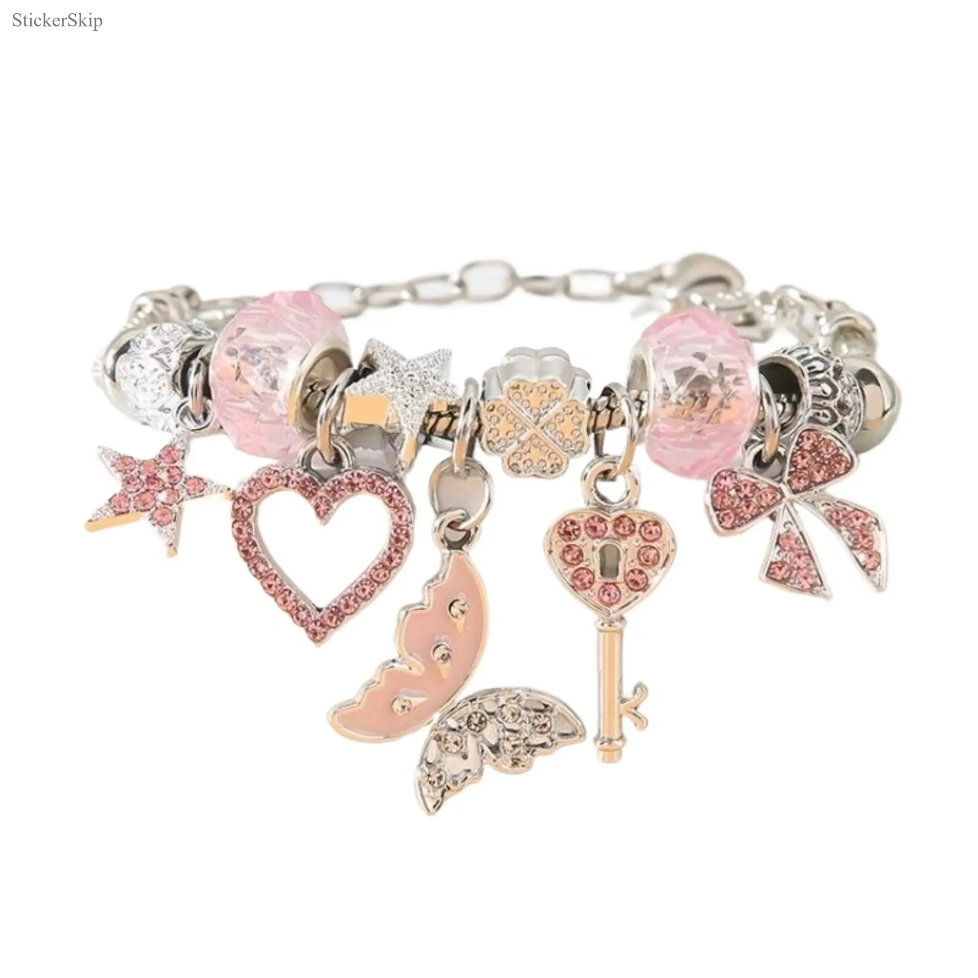 Women's Princess-Style Adjustable Bracelet - Pink Crystal Heart Butterfly Star Pendant, May Birthstone, Elegant Casual All-Match Jewelry, Ideal Romantic Gift for Birthday, Female Adjustable Fit for All Women