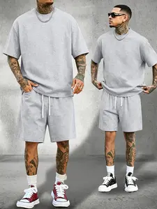 Men’s summer cotton short-sleeve T-shirt casual sports set—fashionable for vacations, camping, and outdoor activities; top with pockets and pants with an elastic waistband and drawstring; 2-piece set, a great gift for husband or boyfriend Basic Classic