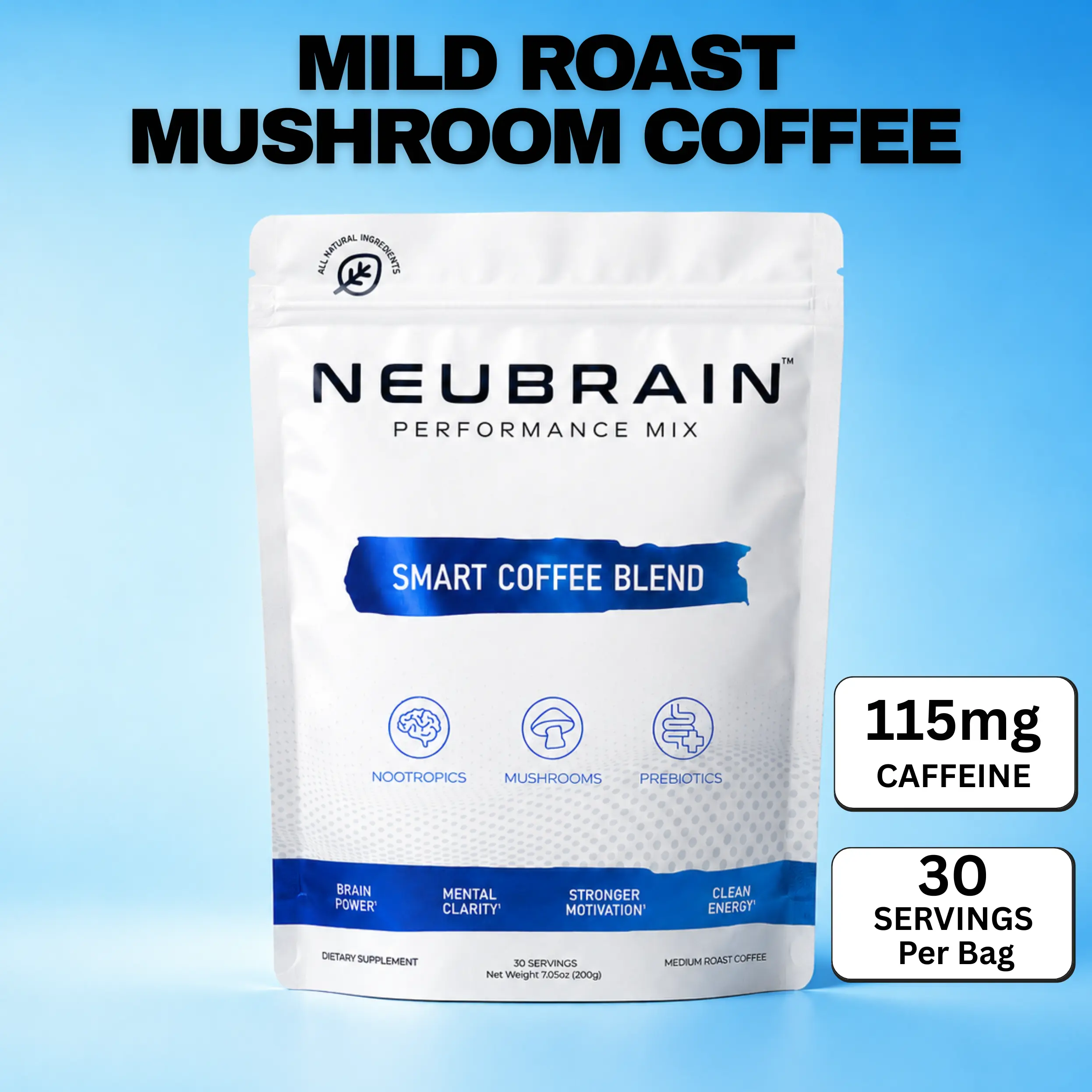 Neubrain Smart Nootropic Coffee | Medium Roast Mushroom Coffee, 100% Arabica Blend with Alpha-GPC, Lion's Mane & L-Theanine for Focus, Calm Energy & Clarity, No Jitters | 5 Mushroom Fruiting Body Extract | Gut Friendly Low Acid Blend, 30 Servings