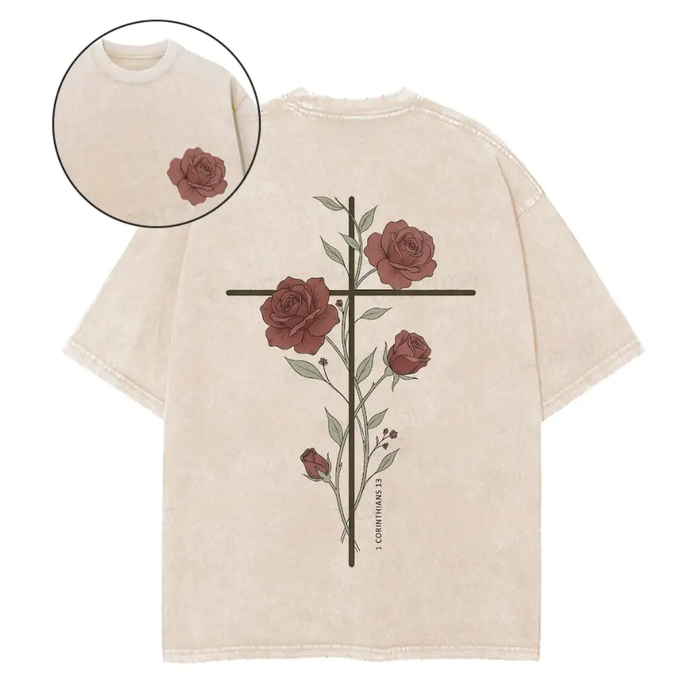 Vintage Retro 1 Corinthians 13 Floral Cross Graphic Tee | Heavyweight Womens Fall Shirt