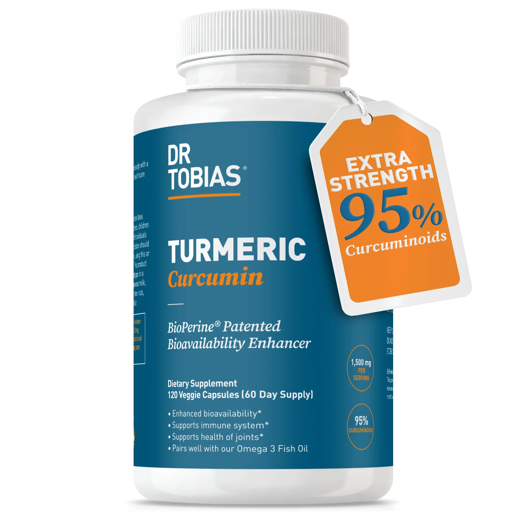 Dr. Tobias Turmeric Curcumin Supplement - 120 Capsules | Includes BioPerine & Black Pepper, Extra Strength Curcumin Supplements for Joint Support,1500 mg per dose with 95% Curcuminoids