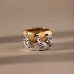 Sculpted Mixed Metal Link Ring by Caitlyn Minimalist - Chunky Two Tone Interlocked Statement Ring - Cubic Zirconia Diamond Ring - Mixed Metal Jewelry - Best Friend Gift