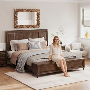 King Bed Frame with Tall Headboard and Storage Bench,Soild Wood Sleigh Bed with 79" Storage Chest,No Box Spring Needed, Wanlut