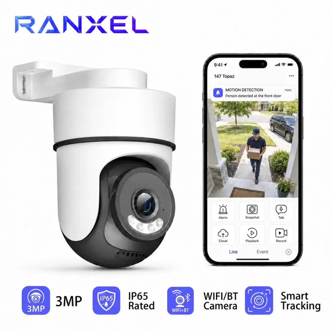 Ranxel 3MP Outdoor Wi-Fi Home Security Camera - IP65 Weather Resistance, 360-Degree Pan-Tilt Control, Smart Motion Tracking, Full-Color Night Vision, Smart Detection Alerts, 2-Way Audio, Easy Installation, Multi-User Access for Home, Garage Monitoring