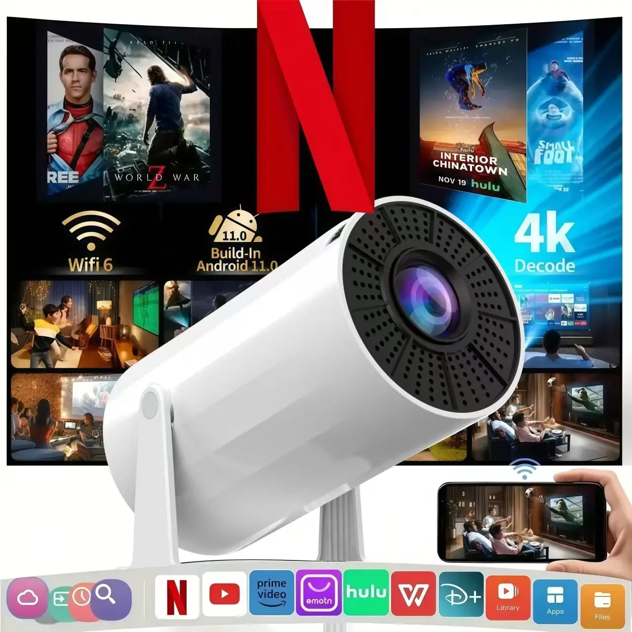 Upgraded White Chargeable Mini Portable Short Throw LED Wireless Projector, Android 11, 1080P HD Projector, Auto Keystone, Built-in Audio, Cable, Remote Control, VGA, for Bedroom Indoor Family Movie Use