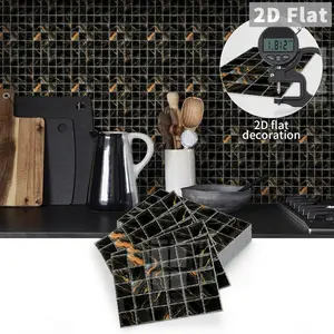 10 PCS Black & Gold Marble Square GST Tile Stickers | PE Crystal Foam Waterproof Anti-Collision | Peel & Stick Decor for Kitchen, Bathroom & Ceiling
