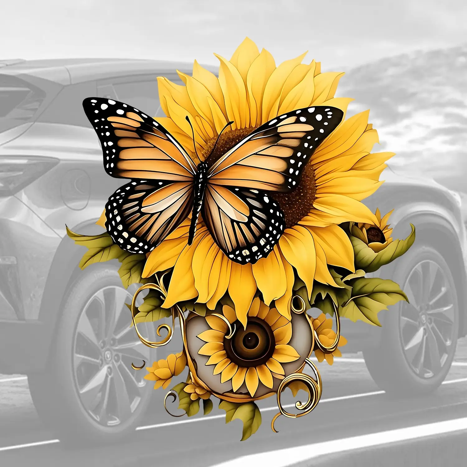 Butterfly & Sunflower Car Sticker, Car Decals, Self-Adhesive Durable Vinyl Material, Single Use, Fits Car Bumpers, Trucks, Motorcycles, Windows, Laptops, Sticker for Cars
