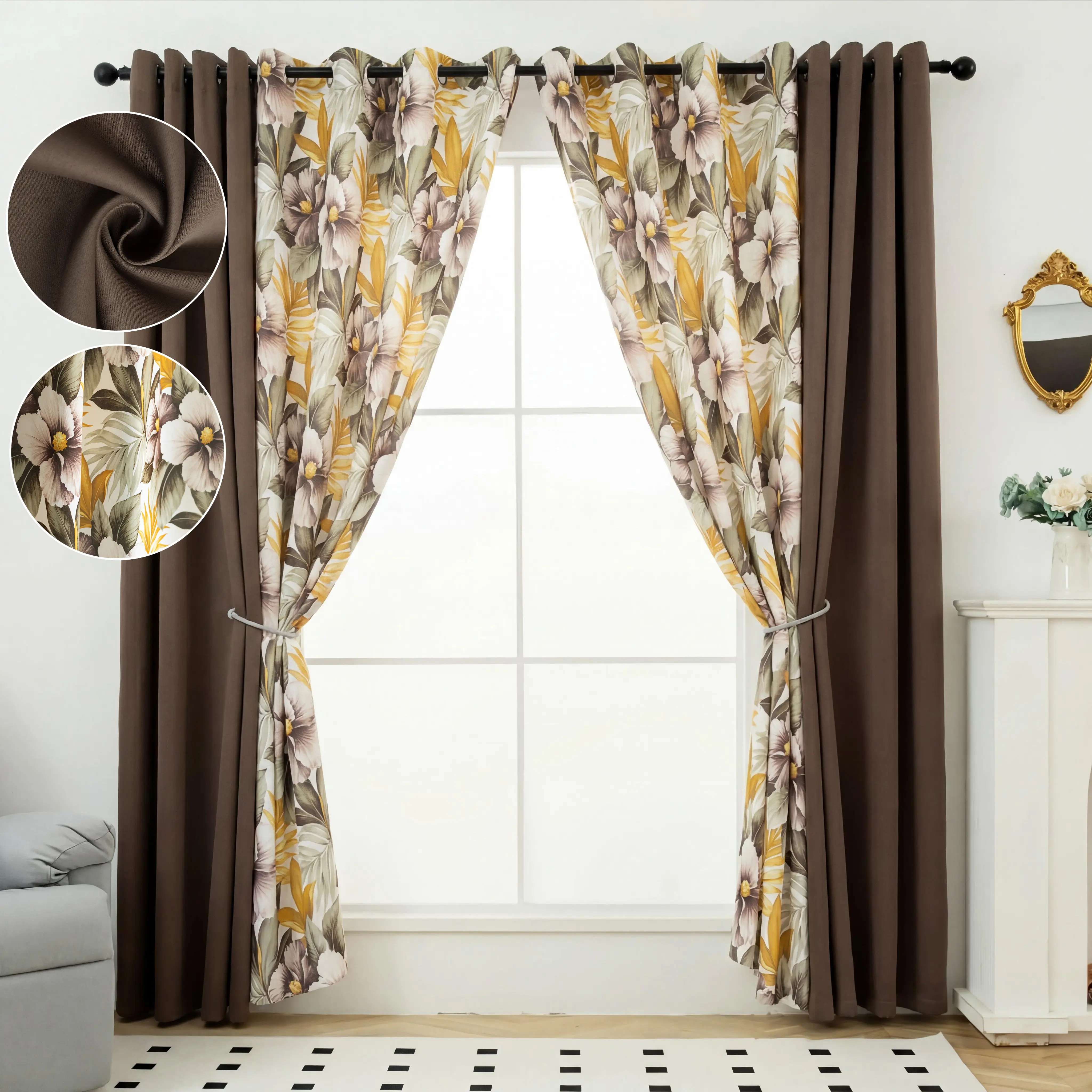 4 PANELS 52"x84" Combination Grommets CurtainsIncluding : 2 PANELS Solid Full Blackout Curtains & 2 Panels Printed Blackout Curtains QF428 QF222 Thermal Insulated NoiseReducing Light Blocking blacking apartment living room bathroom noise reduction