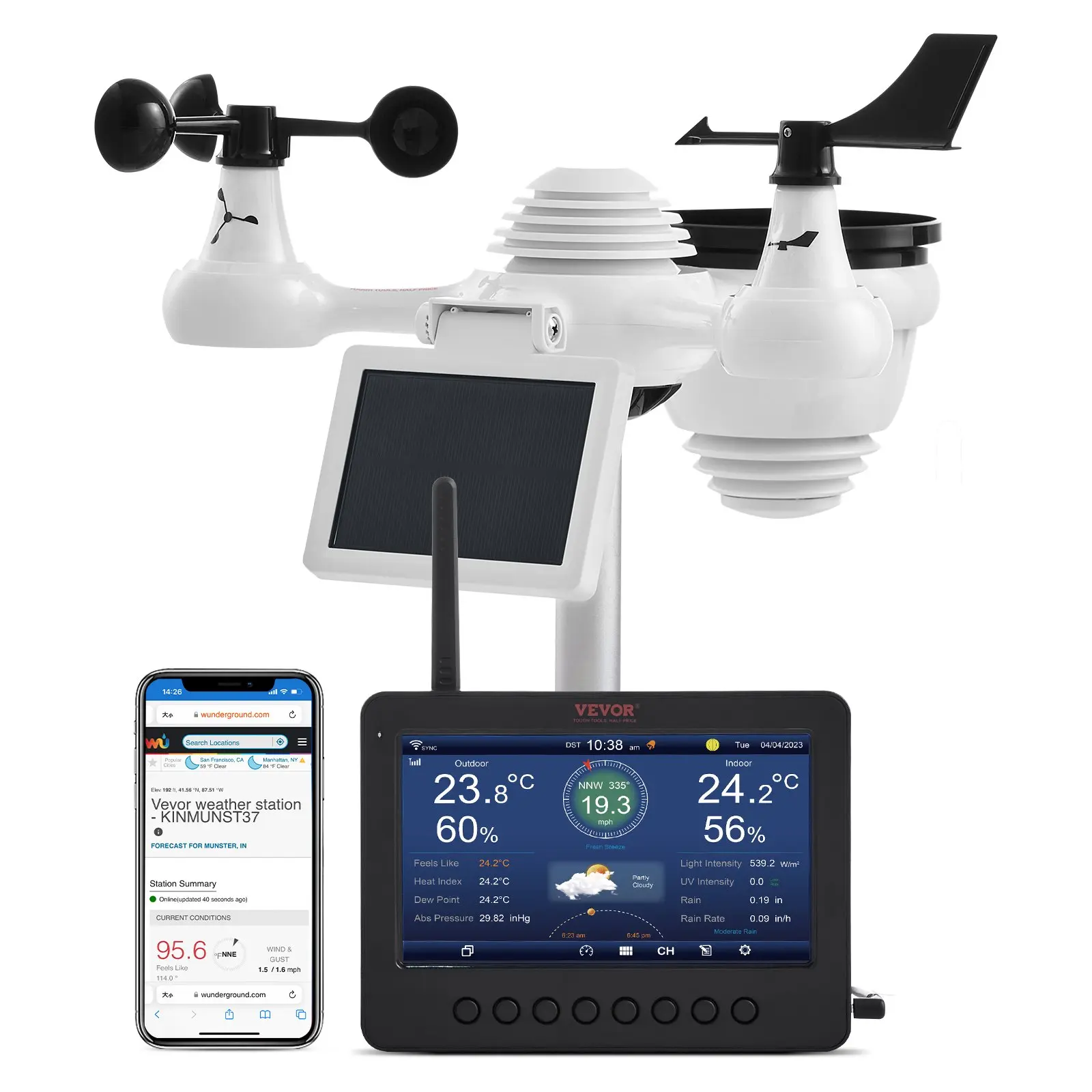【Summerfinds】VEVOR 7-in-1 Wireless Weather Station with Wi-Fi 7" TFT Colorful DisplaySolar-Powered Outdoor SensorIndoor & Outdoor MonitoringIncludes TemperatureHumidityWind Speed/Directionand Rainfall, Solar Wireless Thermometer, Wifi Wireless Thermome