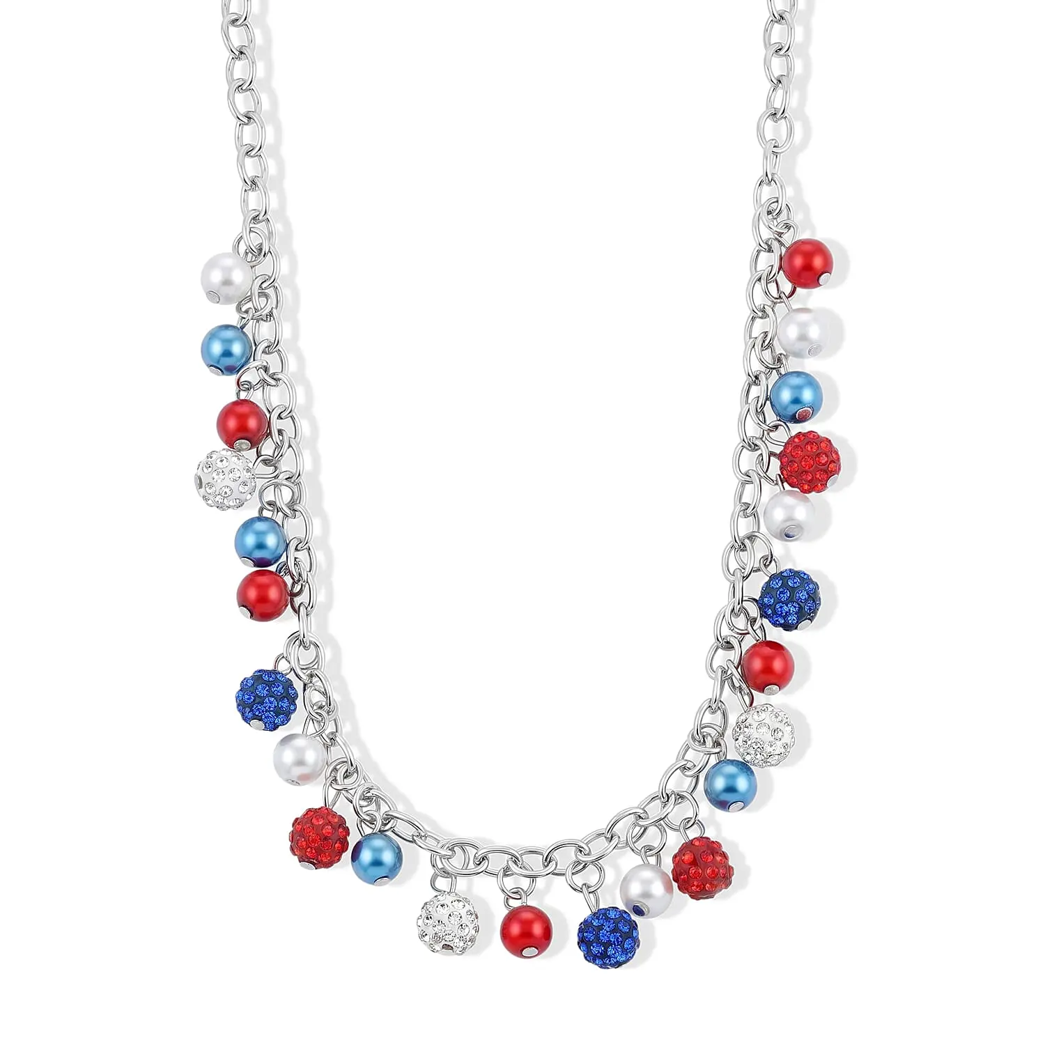 250th Anniversary Celebrations Multi Color Austrian Crystal and Multi Pearl Glass USA Flag Pattern Charm Necklace (19.5-21.5 Inches) in Silvertone