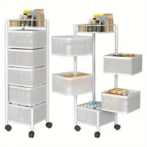 Rotating Kitchen Storage Shelf 5 Tier, Metal Fruit Vegetable Storage Basket Multi-Layer Vegetable Rack Storage Trolley On Wheels, Floor-Standing Basket For Kitchen Bathroom, Square, Standing Shelf