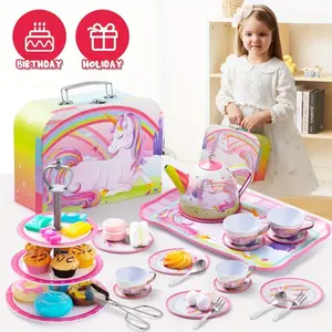 JOYIN 35pcs Unicorn Tea Party Set for Little Girls, Pretend Tin Teapot Set, Princess Tea Time Play Kitchen Toy with Dessert, Doughnut, Carrying Case for Birthday Easter Gifts Kids Toddlers Age 3 4 5 6