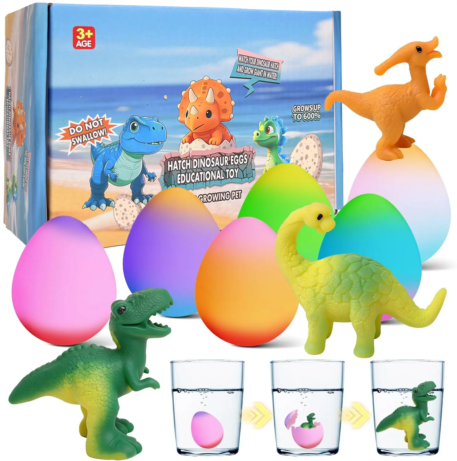 Unisex Dinosaur Hatching Surprise 6-Egg Toy Set for Animals & Nature Lovers, Growing Dino Toys (Grows up to 600%), Easter Basket Stuffers, Birthday Gifts for 4-6 Years Olds
