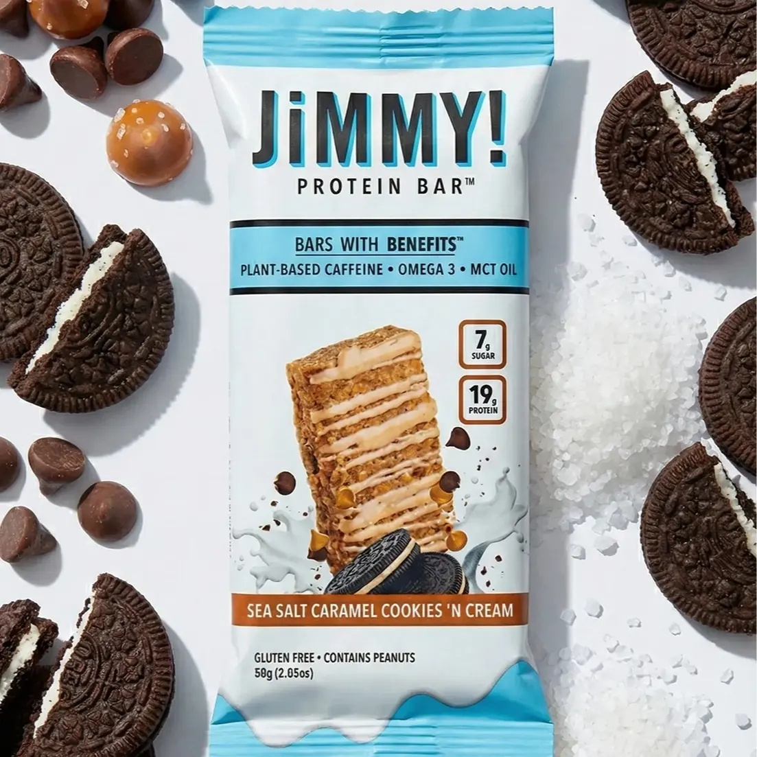JIMMYBAR! Sea Salt Caramel Cookies 'n Cream Protein Bar 19g Protein 7g Sugar Plant-Based Caffeine Gluten-Free Peanut Butter Base Omega-3s 12 Bars Box Packaging Chocolate Snacks