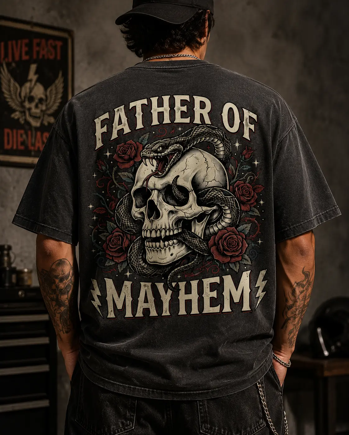 [Father's Day Gift] Father Of Mayhem Shirt, Skull Snake Graphic T Shirt for Dads, Rock Metal Vintage Washed Tee, Gothic Biker Father Gift, Heavy Metal Dad Apparel