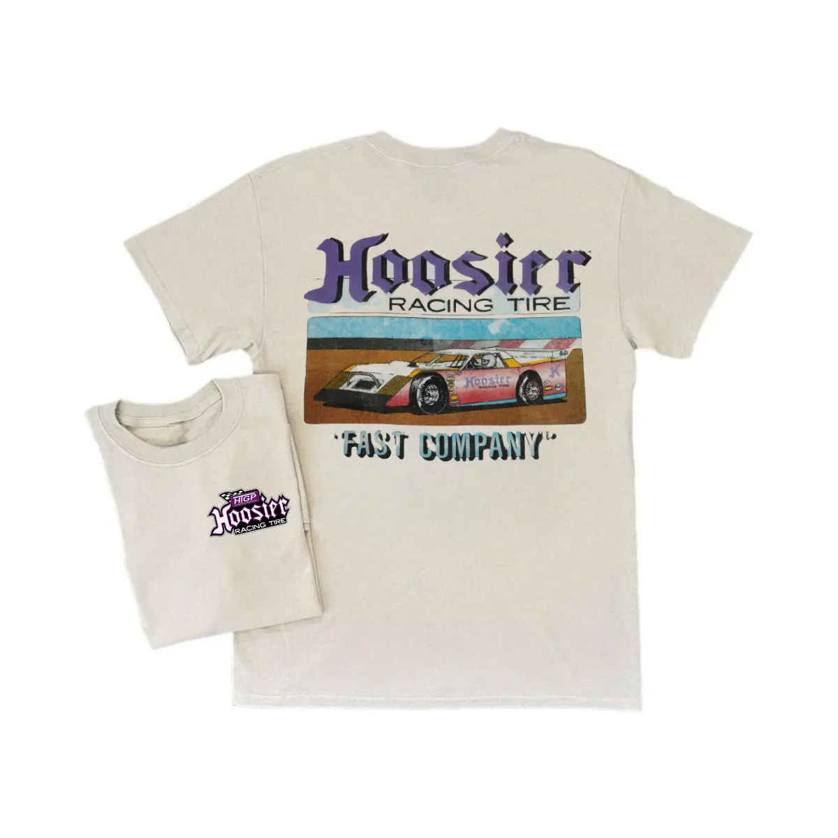 Hoosier Racing Tire T Shirt, Retro Dirt Track Car with Fast Company Slogan and Vintage Sunset Stripes, Racing 2 Sides Graphic Tee, Soft Cotton Blend Shirt, Gift for Motorsport Fans