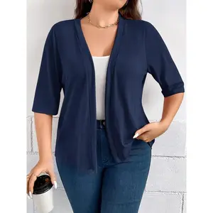 【 Plus Size 】 Solid color half sleeved cardigan, a casual and comfortable front opening outerwear for autumn and winter, suitable for daily wear in women's clothingRAIMENTRY