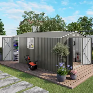 10x14 FT Outdoor Metal Storage Shed with Three Lockable Doors & Clear Window - Durable All-Weather Garden Shed for Bikes, Lawn Mowers & Tools