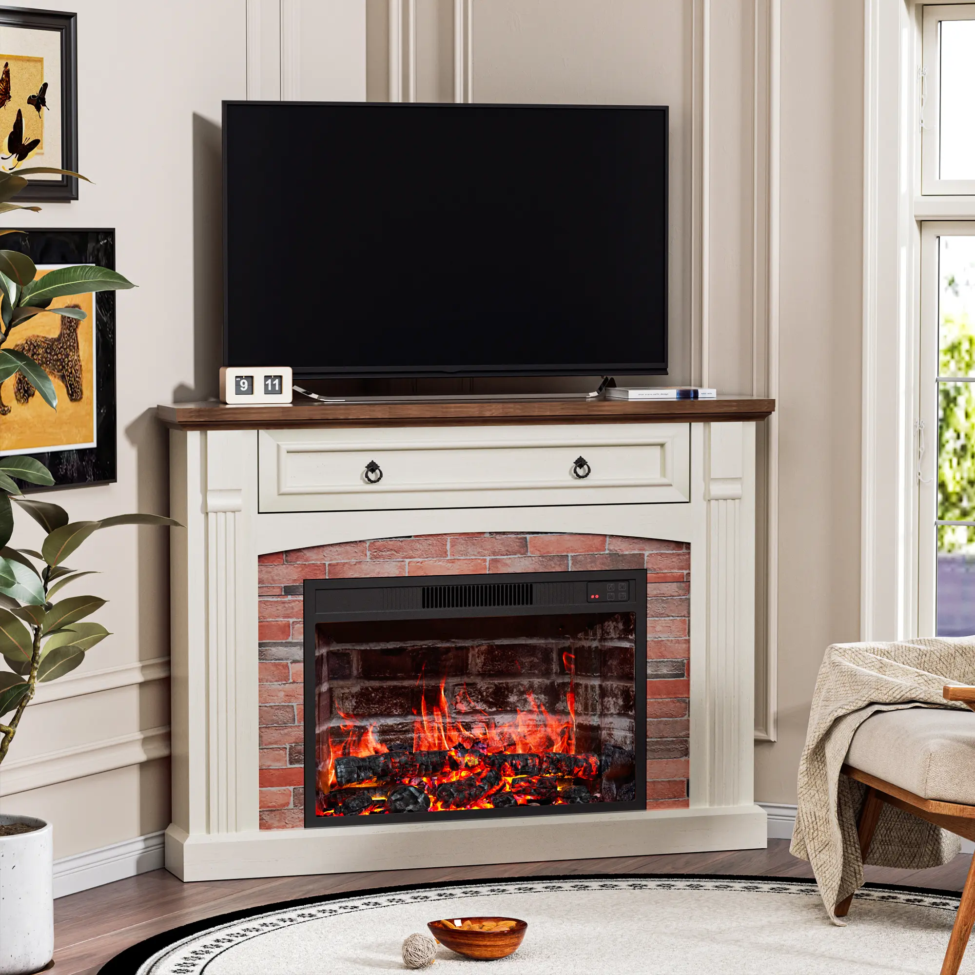 【2 Packages Shipping】AHB Corner Electric Fireplace TV Stand with Heater - Modern TV Stand, Wooden Mantel Entertainment Center Media Console, Remote Control, Adjustable Realistic Flame for Living Room, Fireplace Tv Stands Tv Shelf summe homeessentials