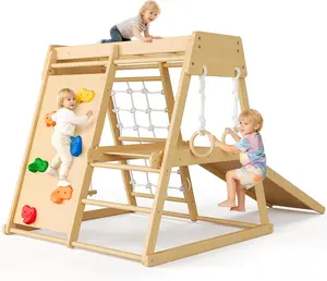 GAOMON Indoor Playground 6-in-1 Jungle Gym Climbing Toys, Wooden Climber Playset with Slide, Climbing Rock, Monkey Bars, Climb Net, Climbing Rock, Rings, Christmas Toys for Kids, Natural
