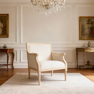 French Accent Chair, 1 piece — traditional wood frame, linen upholstery, distressed finish; home decor for living rooms, bedrooms, farmhouses, and balconies furniture lounge reading patio armchair