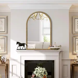 Gold Bathroom Mirror for Wall, 30" X 40" Arch Wall Mirror with Beaded Frame, Ornate Vintage Mirror Wall Decor for Living Room, Washroom, Fireplace, Entryway