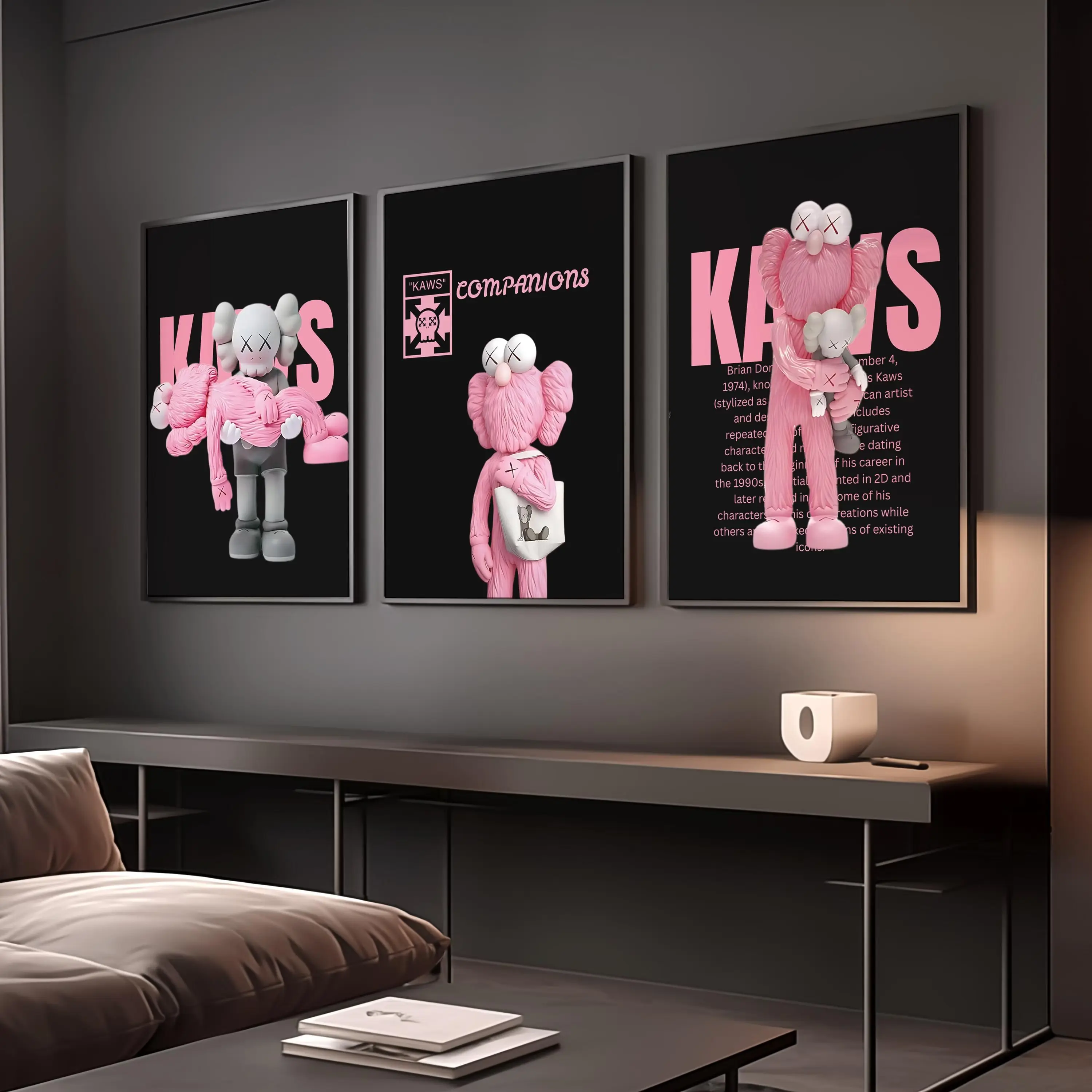 Pink KAWS 3-Piece Artistic Graffiti Poster Set - Premium Water-Resistant Paper Wall Prints, Multi-Size Home Decor for Art Lovers, Girl Room Decor, Living Room Decorations