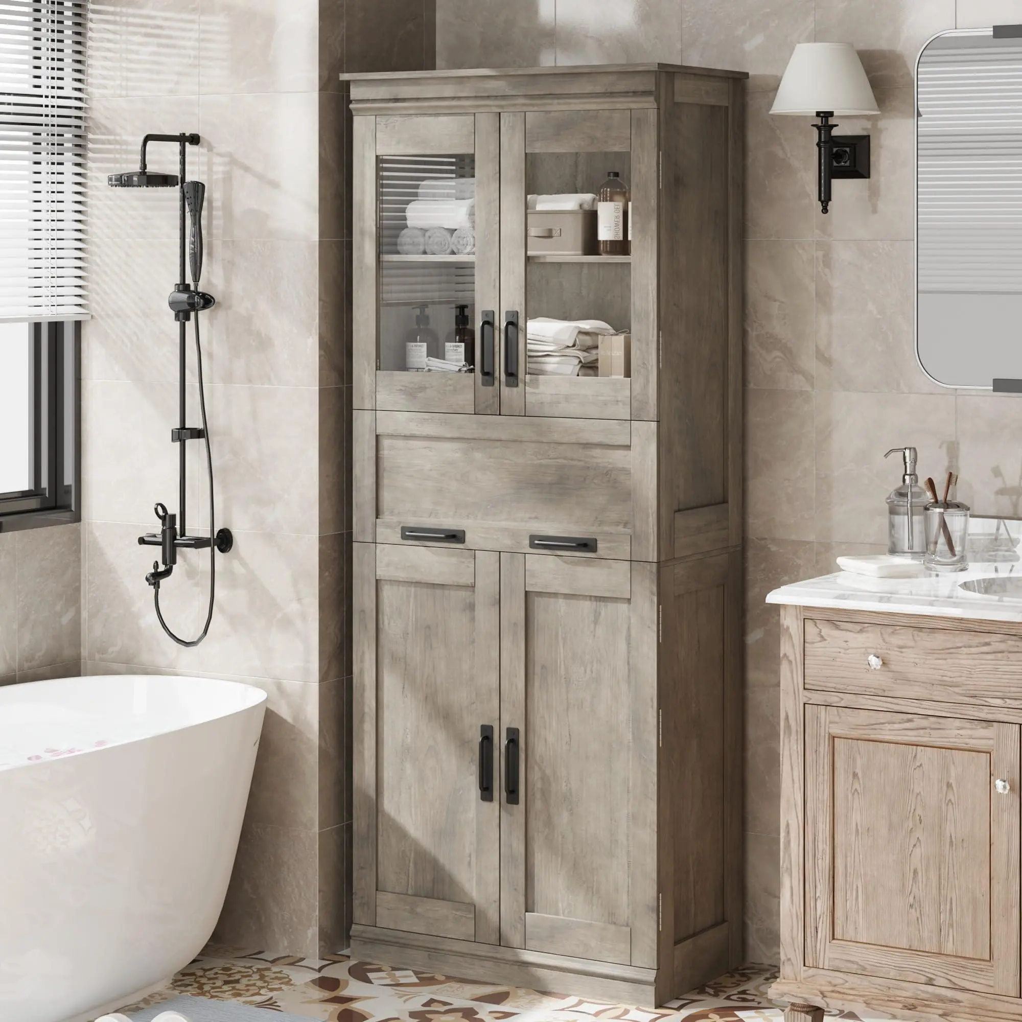 67" Tall Gray Bathroom Cabinet with 4 Doors & Flip Glass Drawer, Storage Cabinet with Adjustable Shelves, Freestanding Organizer for Kitchen, Pantry, Living Room